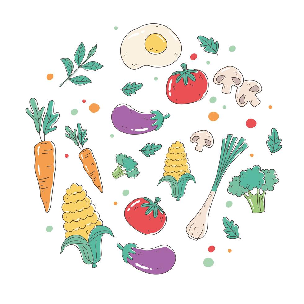 cibo sano nutrizione dieta organico fresco raccolto pomodoro carota melanzane funghi e broccoli vettore