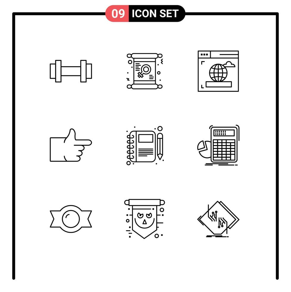 universale icona simboli gruppo di 9 moderno lineamenti di Nota diario donne votazione piace modificabile vettore design elementi