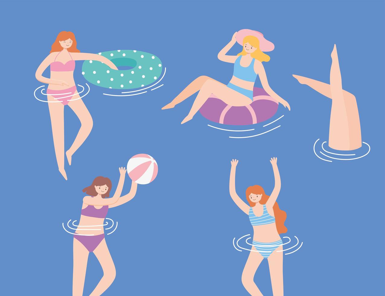 donne che nuotano in costume da bagno, sdraiato su un gonfiabile galleggiante, giocando a palla vettore
