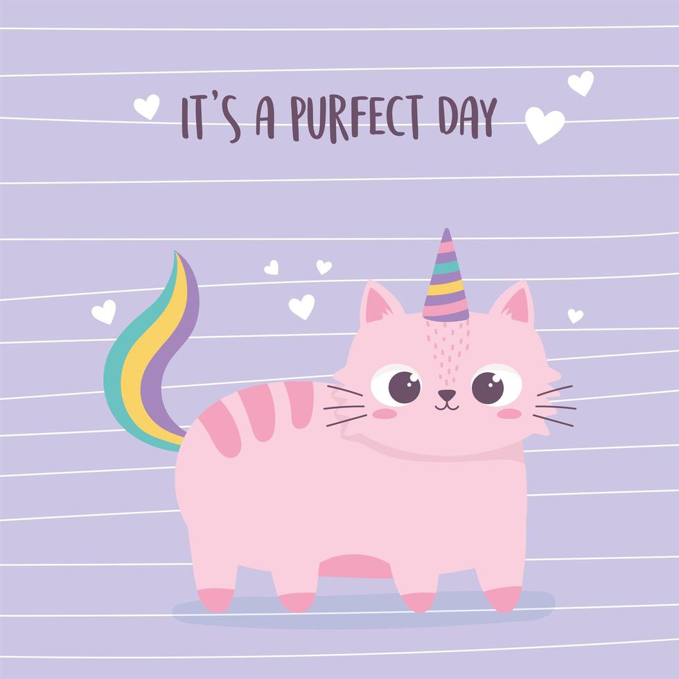 simpatico gatto rosa con corno e coda personaggio divertente animale dei cartoni animati vettore