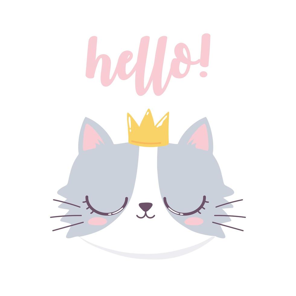 ciao faccia di gatto con corona personaggio divertente animale dei cartoni animati vettore
