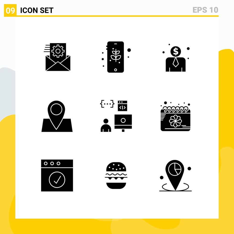 9 utente interfaccia solido glifo imballare di moderno segni e simboli di sviluppo codifica dipendente costo App carta geografica modificabile vettore design elementi