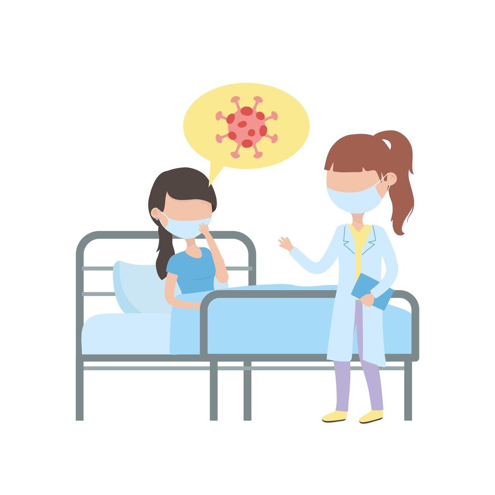 pandemia di coronavirus covid 19, dottoressa con paziente a letto in ospedale vettore