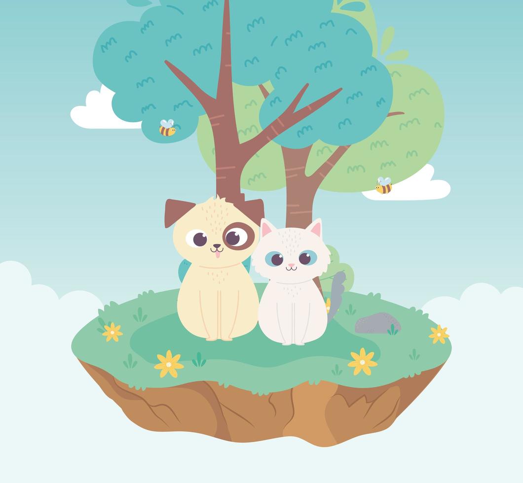 simpatico cane e gatto animali domestici cartone animato prato in piedi albero e fiori natura vettore