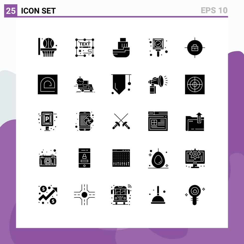 mobile interfaccia solido glifo impostato di 25 pittogrammi di bersaglio ok consegna marchio trasferimento modificabile vettore design elementi