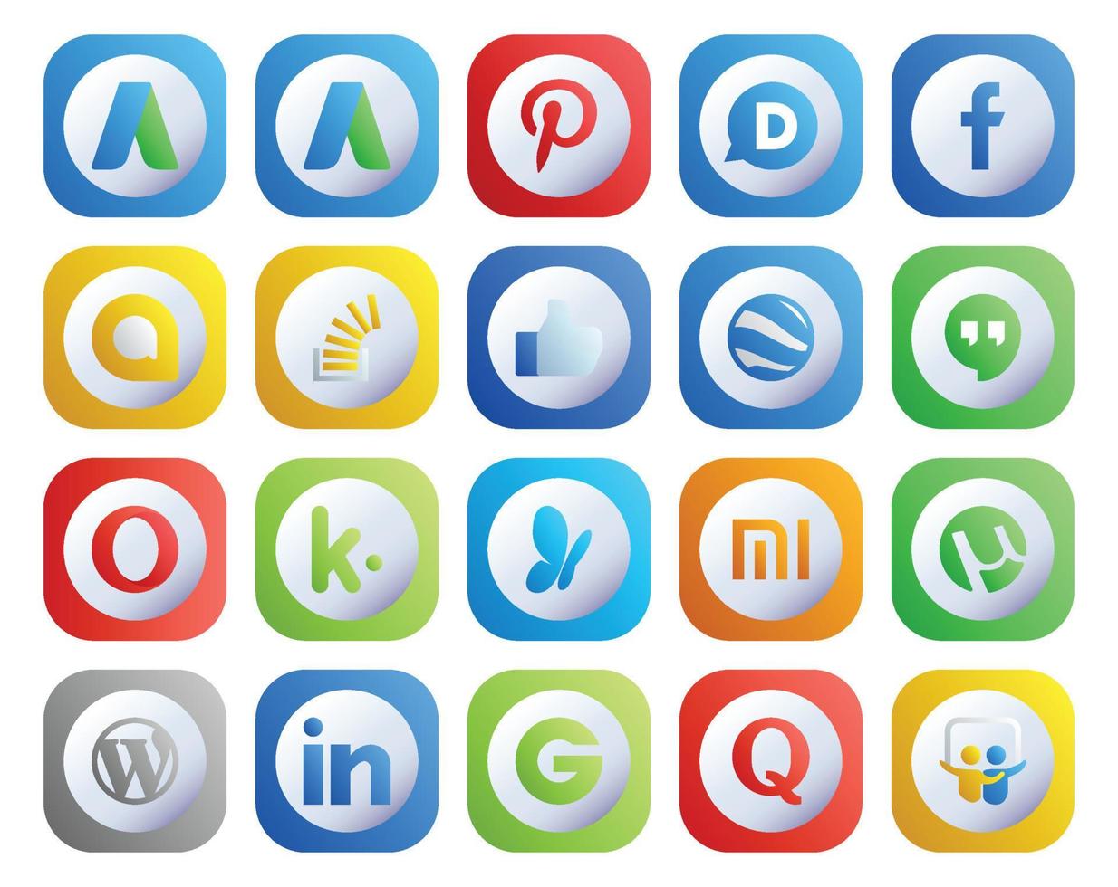 20 sociale media icona imballare Compreso wordpress xiaomi straripamento msn musica lirica vettore