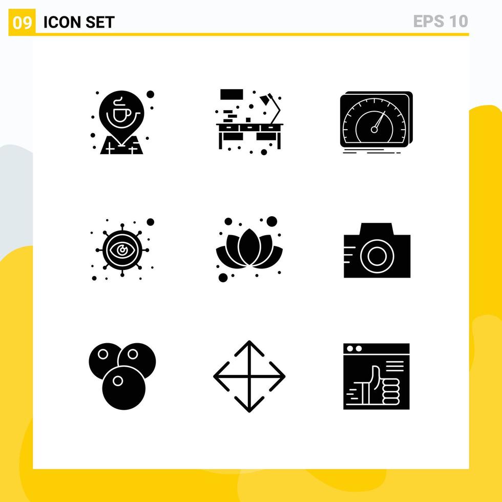 mobile interfaccia solido glifo impostato di 9 pittogrammi di visione occhio posto di lavoro attività commerciale test modificabile vettore design elementi