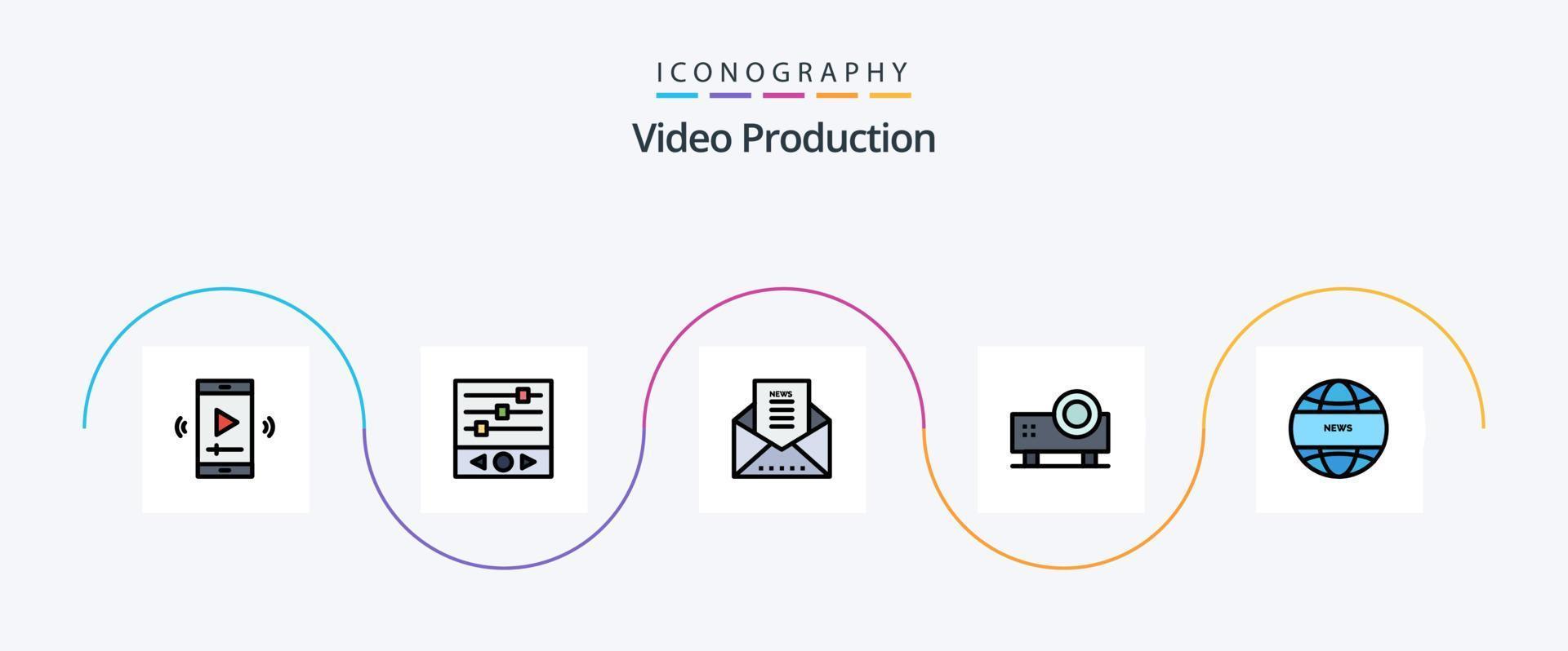 video produzione linea pieno piatto 5 icona imballare Compreso proiettore. multimedia. suono onde. Messaggio Busta vettore