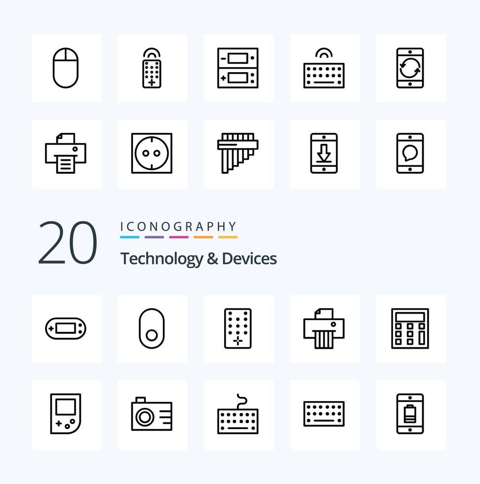 20 dispositivi linea icona imballare piace matematica calcolare topo distruttore di documenti dispositivo vettore