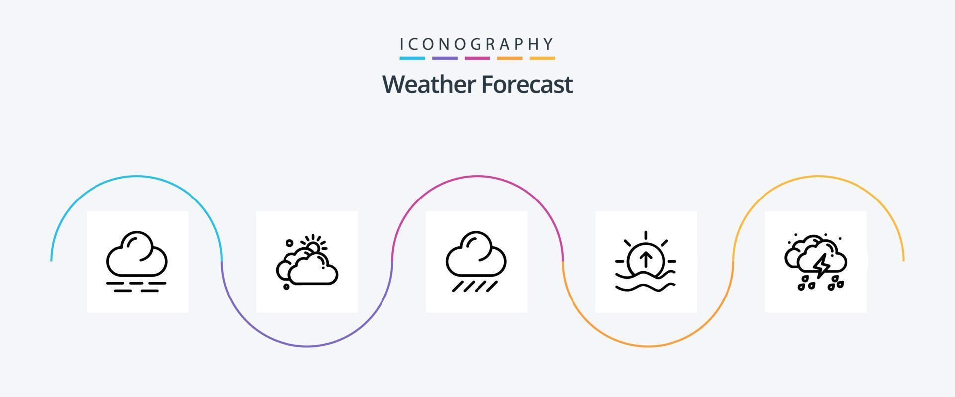 tempo metereologico linea 5 icona imballare Compreso pioggia. nube. pioggia. sole. mare vettore