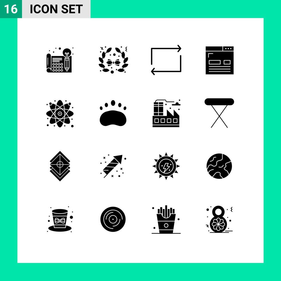 16 utente interfaccia solido glifo imballare di moderno segni e simboli di atomo pagina freccia disposizione design modificabile vettore design elementi