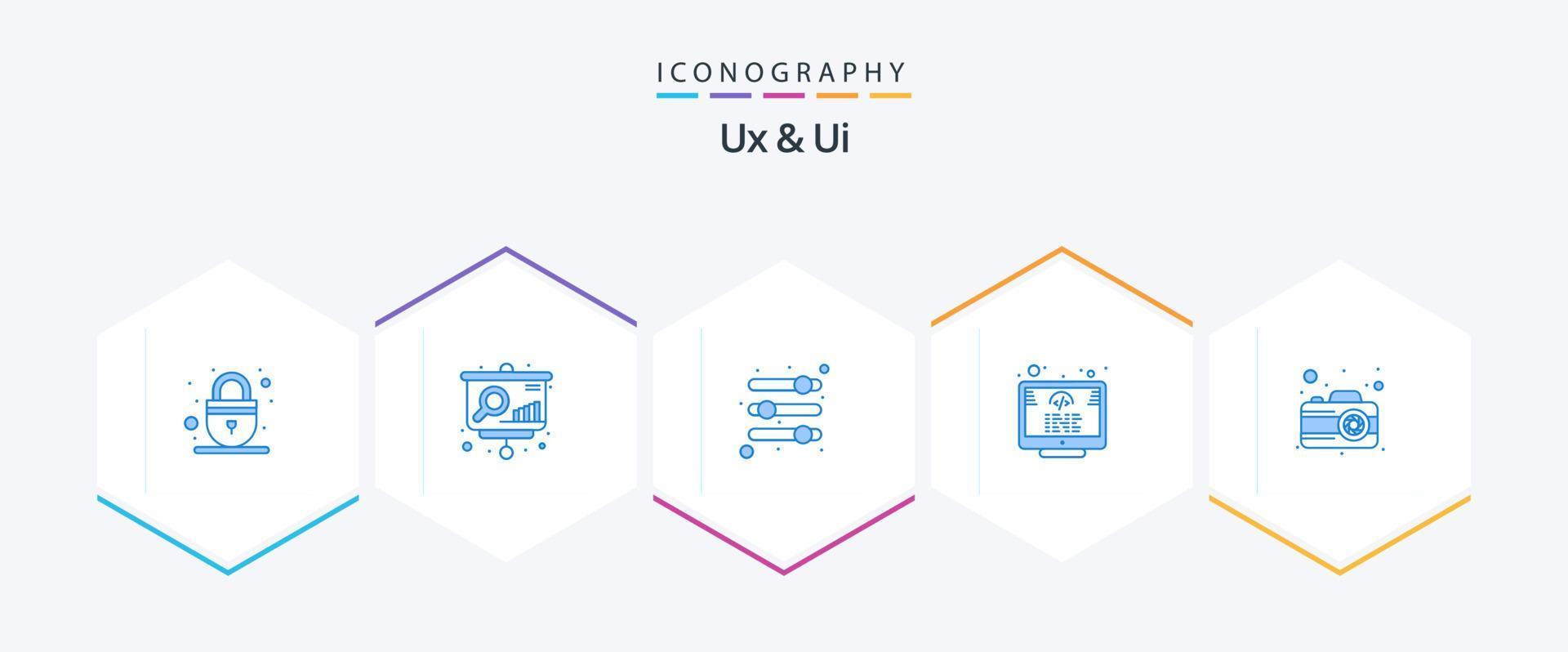 UX e ui 25 blu icona imballare Compreso fotografia. telecamera. opzioni. programmazione. codice vettore