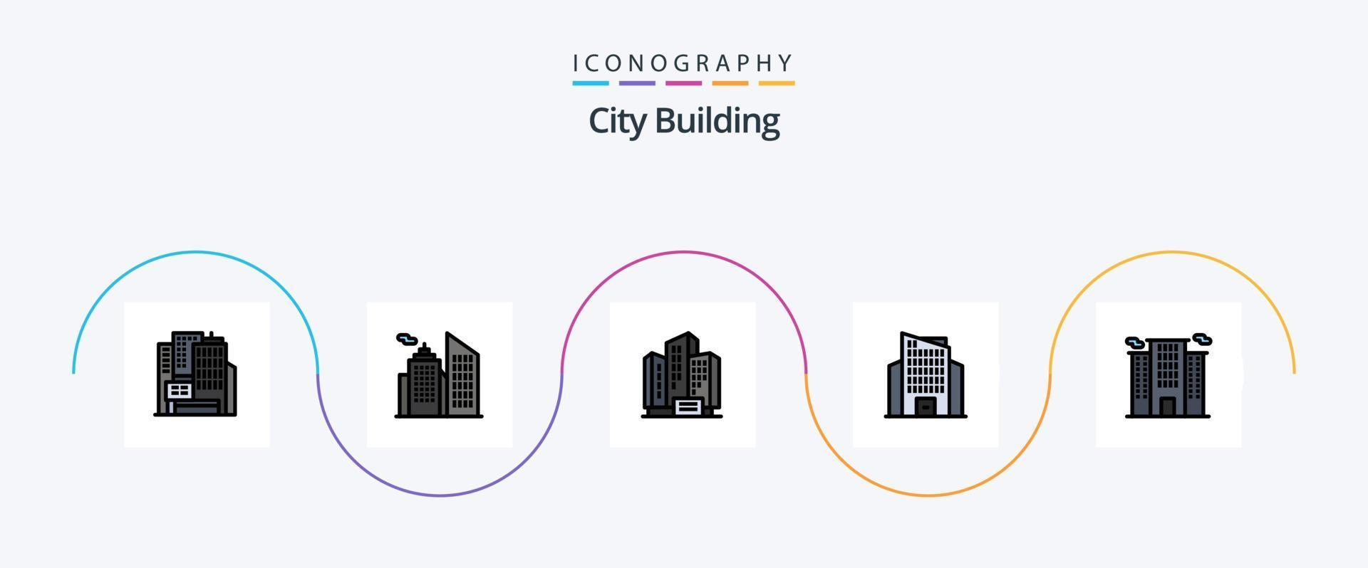 città edificio linea pieno piatto 5 icona imballare Compreso . posto. costruzione. ufficio. grattacielo vettore