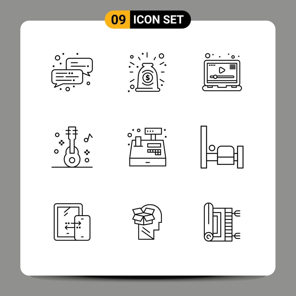 moderno impostato di 9 lineamenti pittogramma di Registrati denaro contante giocatore festa chitarra modificabile vettore design elementi