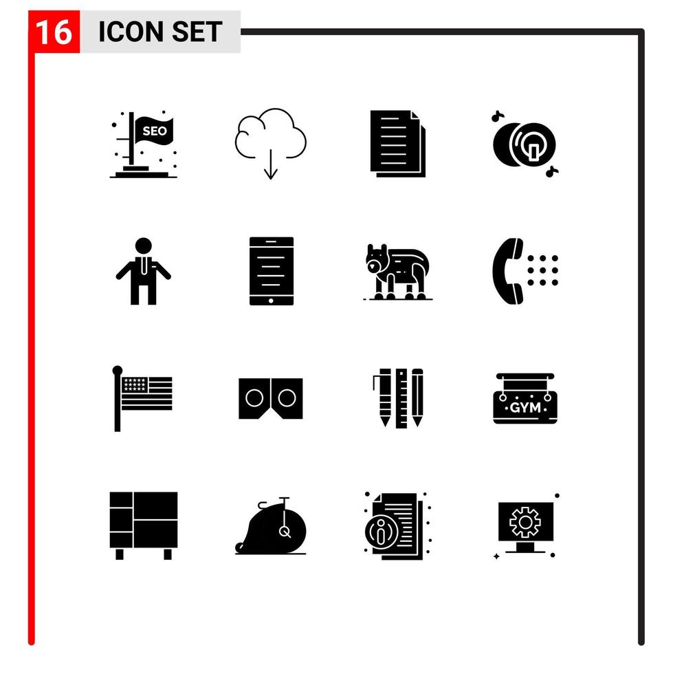 universale icona simboli gruppo di 16 moderno solido glifi di persone multimedia documento disco CD modificabile vettore design elementi