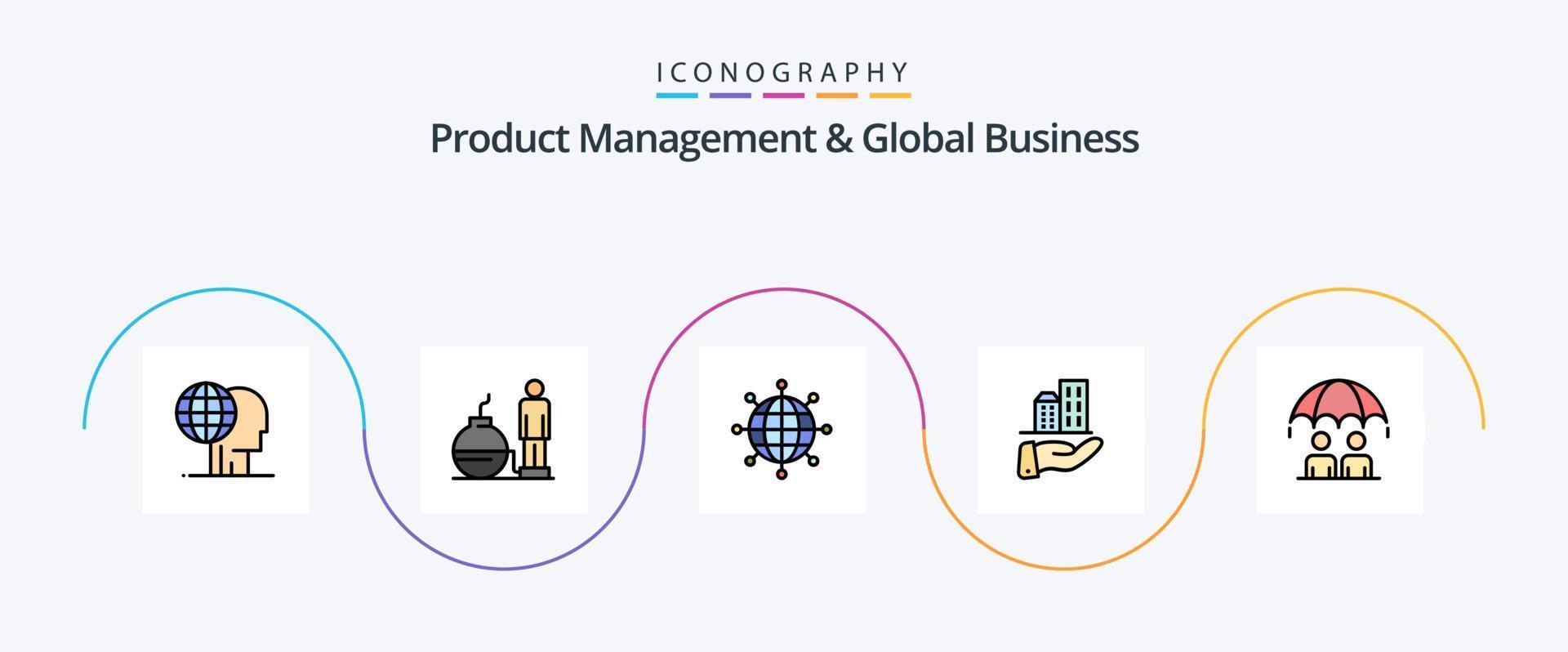 Prodotto managment e globale attività commerciale linea pieno piatto 5 icona imballare Compreso attività commerciale. moderno. problema. attività commerciale. moderno vettore