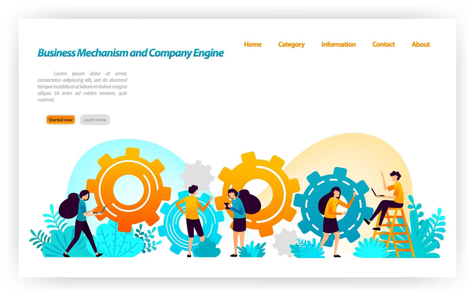 meccanismo e costruzione nella costruzione di strategie aziendali e attrezzature nello sviluppo della costruzione di motori dell'azienda. concetto di illustrazione vettoriale per pagina di destinazione, ui ux, web, app mobile, banner, annunci