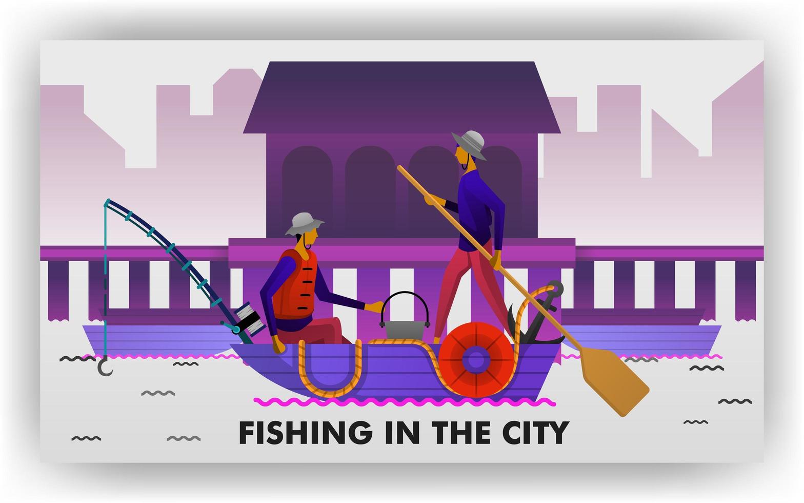 i pescatori pescano ai margini del porto, trasportando canoe e attrezzi da pesca tradizionali. può essere utilizzato per, pagina di destinazione, sito Web, app mobile, poster, flyer, coupon, carta regalo, smartphone, web design vettore