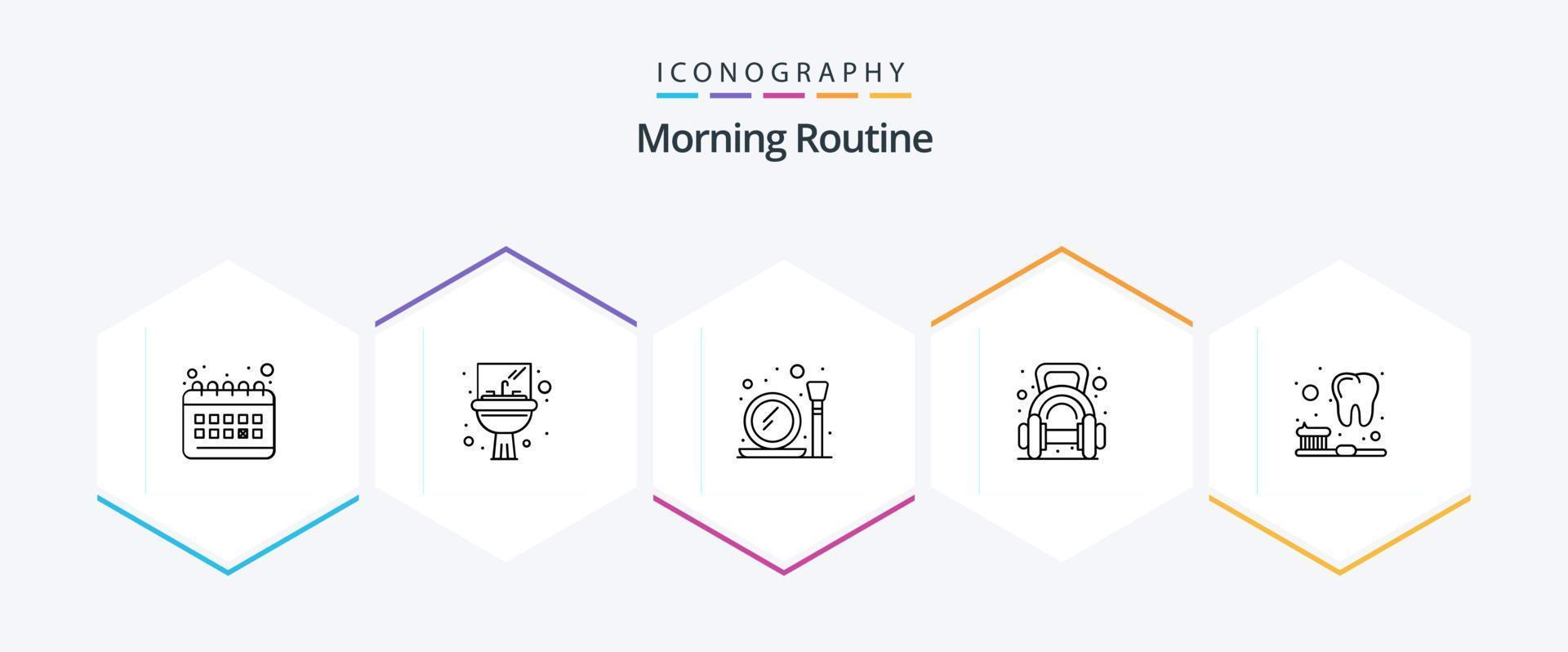 mattina routine 25 linea icona imballare Compreso spazzola. manubrio. bicchiere. il peso. esercizio vettore