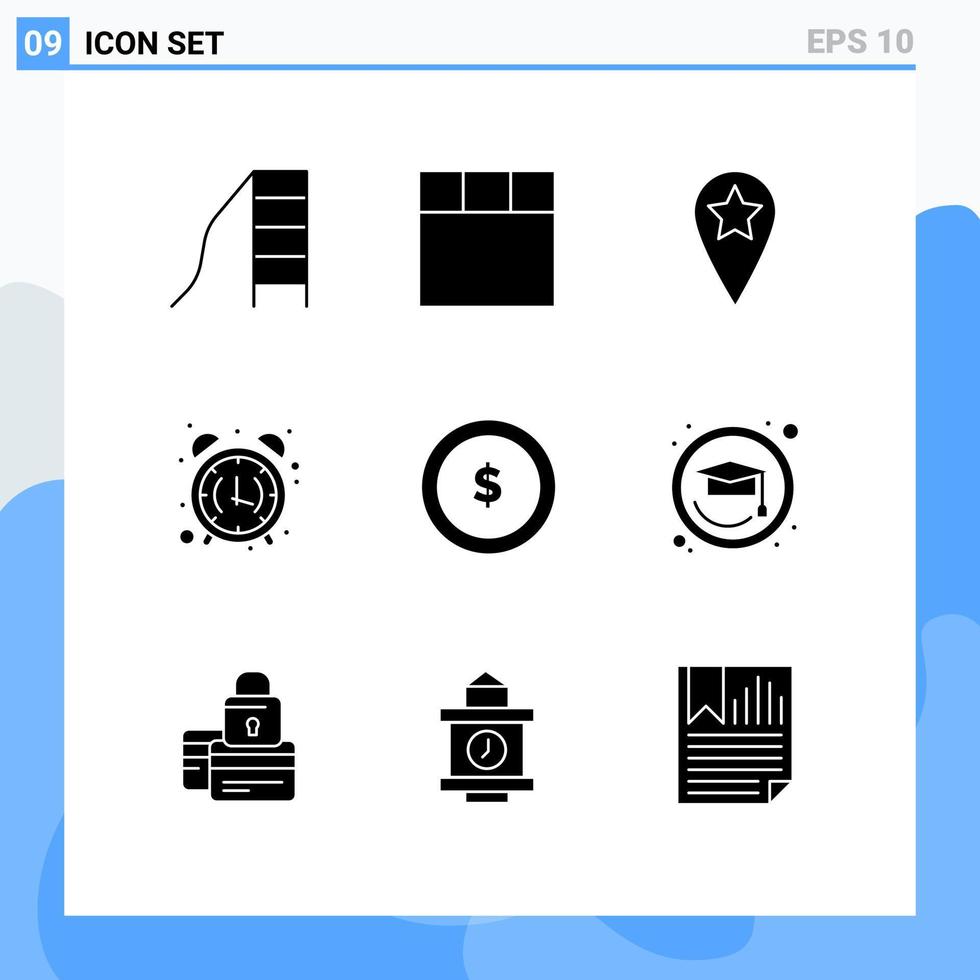 mobile interfaccia solido glifo impostato di 9 pittogrammi di finanza moneta stella attività commerciale mattina modificabile vettore design elementi