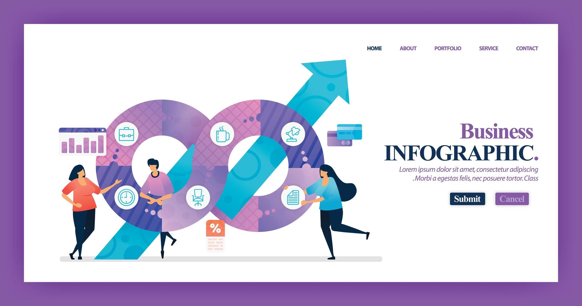 progettazione della pagina di destinazione del business infografica con personaggio dei cartoni animati illustrazione piatta. visualizzazione dei dati aziendali del diagramma di layout, banner, web design, pagina web, sito web, homepage, app mobili, interfaccia utente. vettore