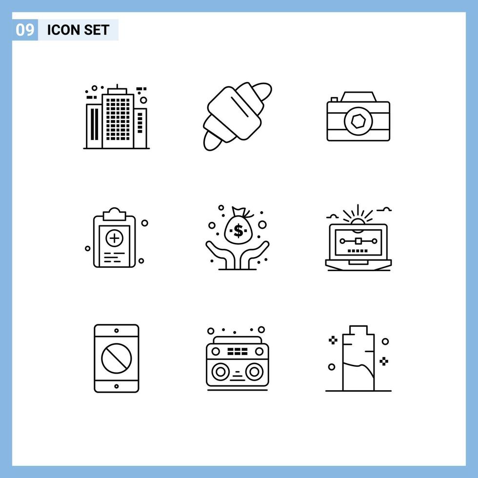 mobile interfaccia schema impostato di 9 pittogrammi di capitale medicina pasto medico foto modificabile vettore design elementi