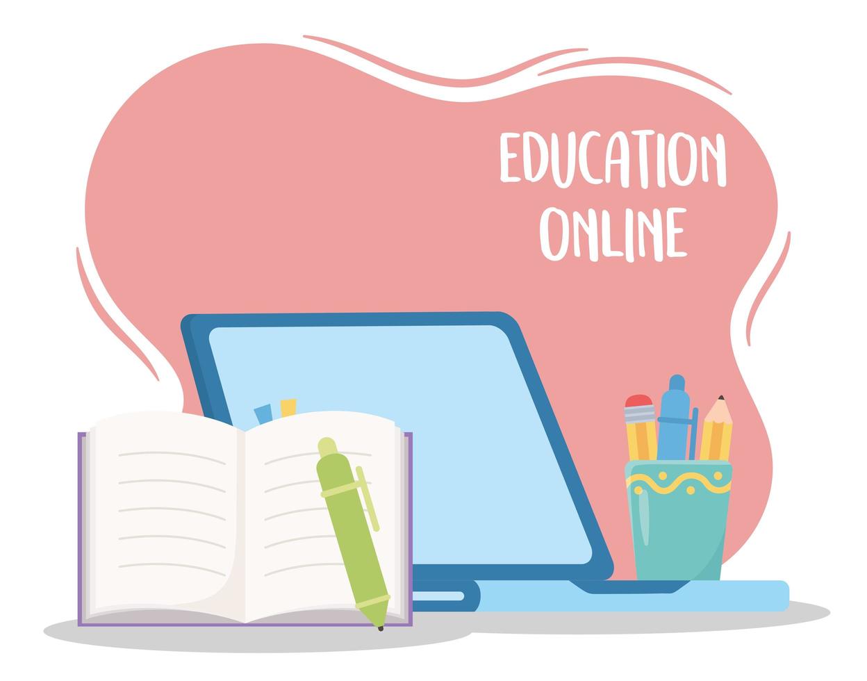 istruzione online, penna a libro aperto per laptop e oggetti di cancelleria vettore