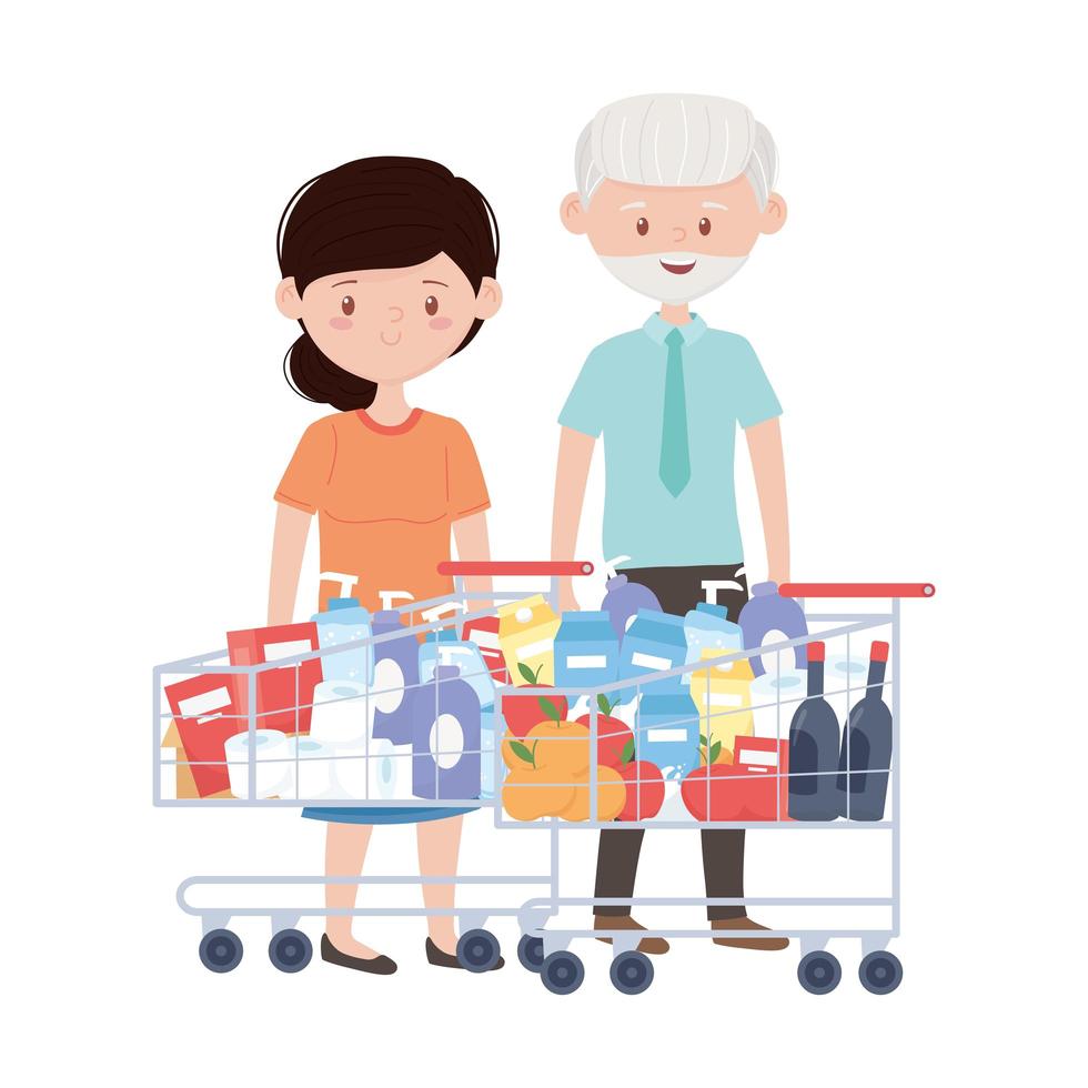 vecchio uomo e donna shopping con carrelli disegno vettoriale