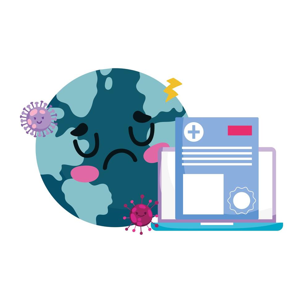 laptop world document e covid 19 virus vector design