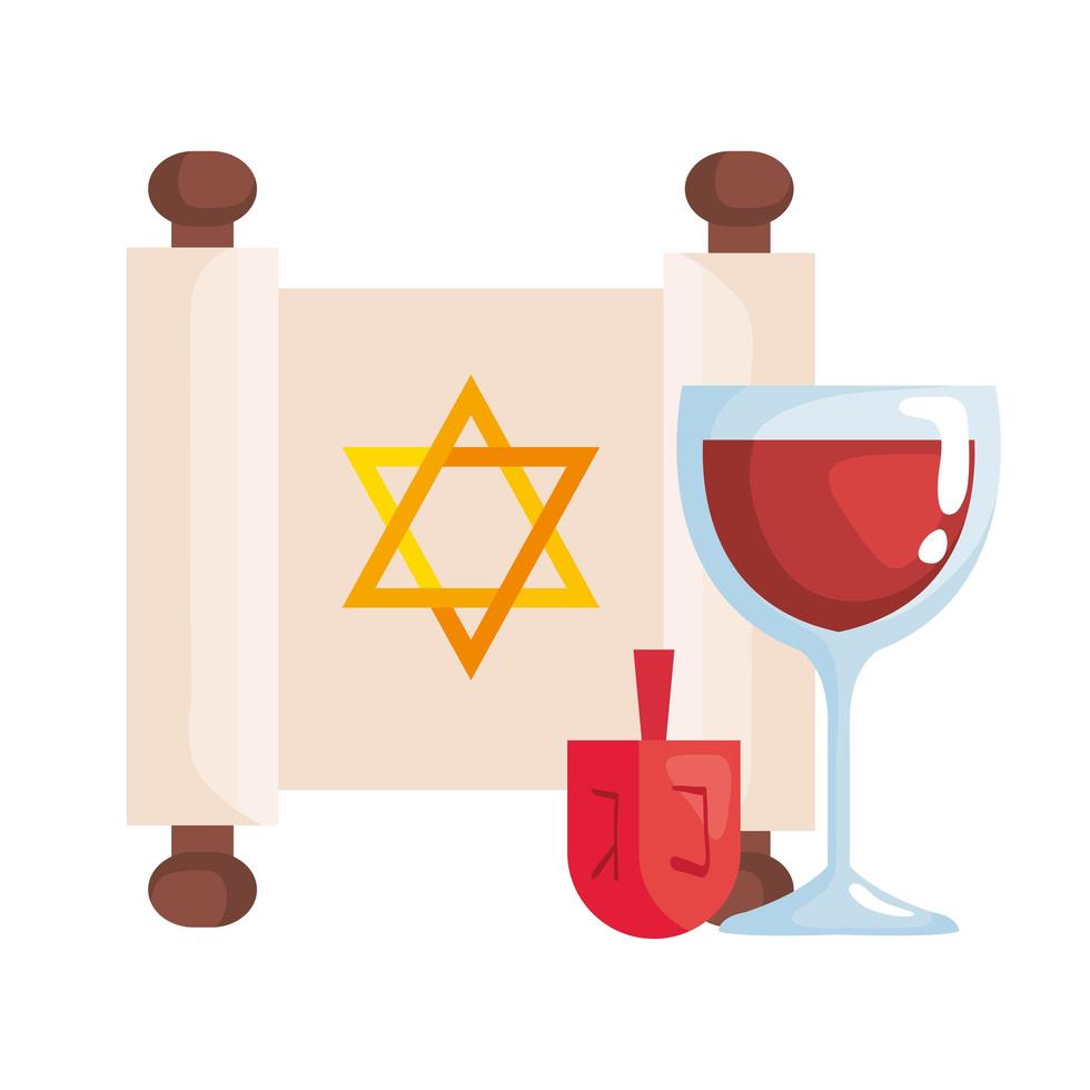 stella d'oro ebraica hanukkah in toppa con dreidel e coppa di vino vettore