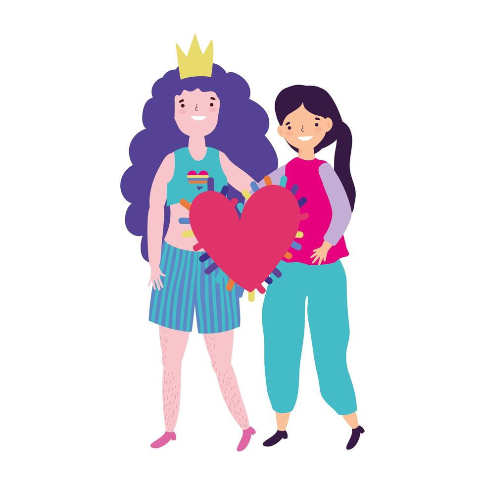 comunità lgbt di parata dell'orgoglio, personaggio di due donne con celebrazione di corona e cuore vettore