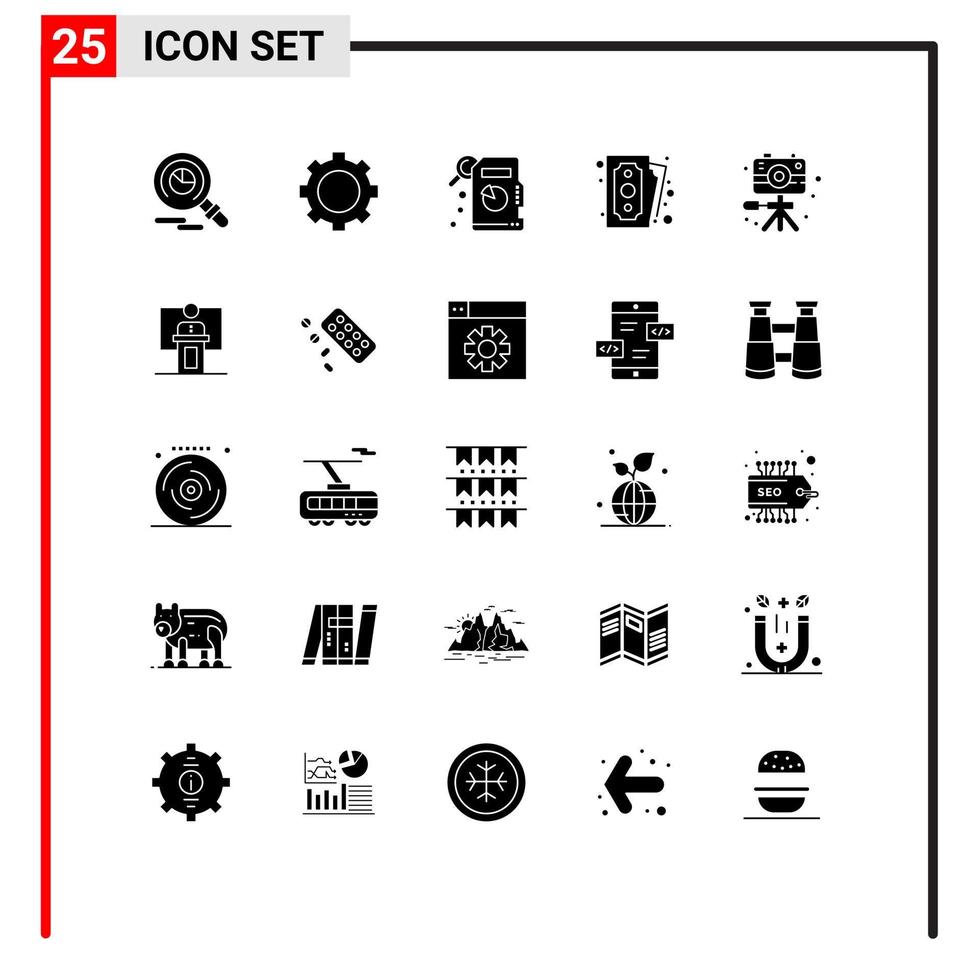 impostato di 25 vettore solido glifi su griglia per discorso Hobby statistico analisi Immagine shopping modificabile vettore design elementi