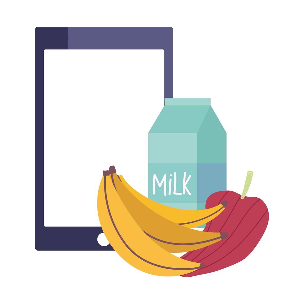 mercato online, smartphone banana pepe e latte, consegna a domicilio negozio di alimentari alimentari vettore