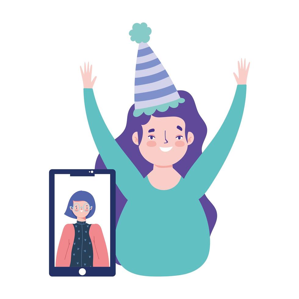 festa online, compleanno o incontro con gli amici, donna felice con cappello e ragazza nella celebrazione dello schermo mobile vettore