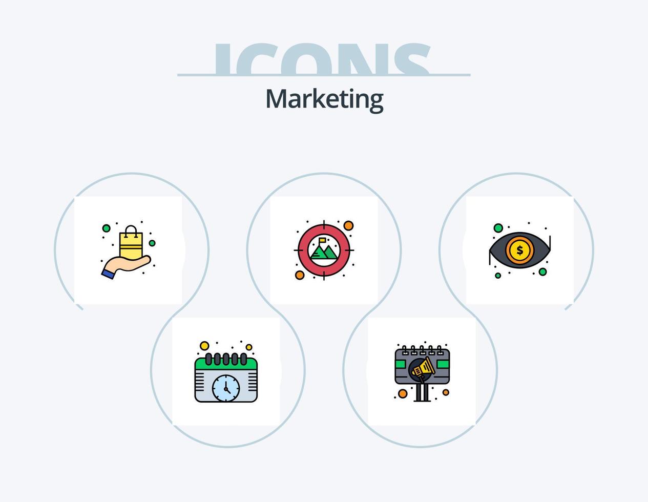 marketing linea pieno icona imballare 5 icona design. Prodotto. regalo. seo. video. marketing vettore