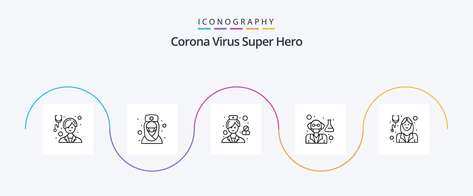 corona virus super eroe linea 5 icona imballare Compreso scienziato. medico. musulmano medico. vecchio uomo. ospedale vettore
