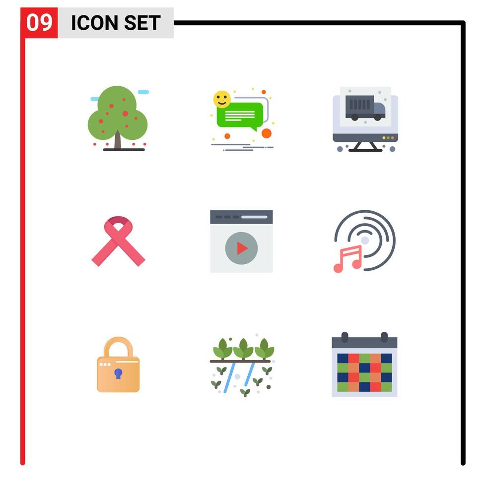 pittogramma impostato di 9 semplice piatto colori di video giocare media giocare computer Audio giocare consapevolezza modificabile vettore design elementi