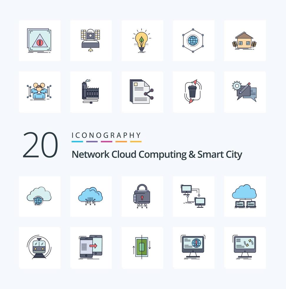 20 Rete nube calcolo e inteligente città linea pieno colore icona imballare piace lan ospitando sicuro serratura vettore