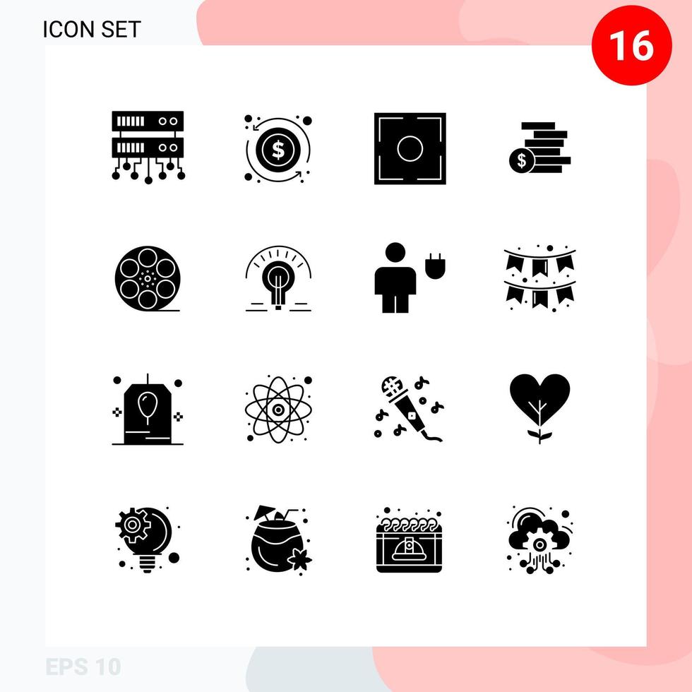 modificabile vettore linea imballare di 16 semplice solido glifi di video film telaio i soldi denaro contante modificabile vettore design elementi