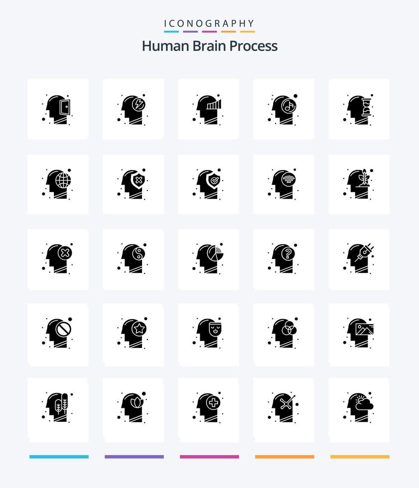 creativo umano cervello processi 25 glifo solido nero icona imballare come come mente. rilassato. grafico. musica. umano vettore