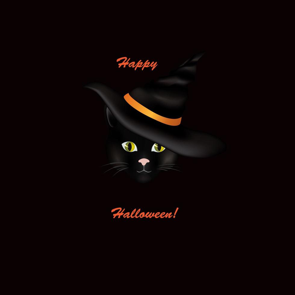 gatto con cappello. gatto nero che guarda l'obbiettivo nel cappello di halloween con scritte happy halloween. illustrazione di vacanza divertente per sfondo biglietto di auguri vettore