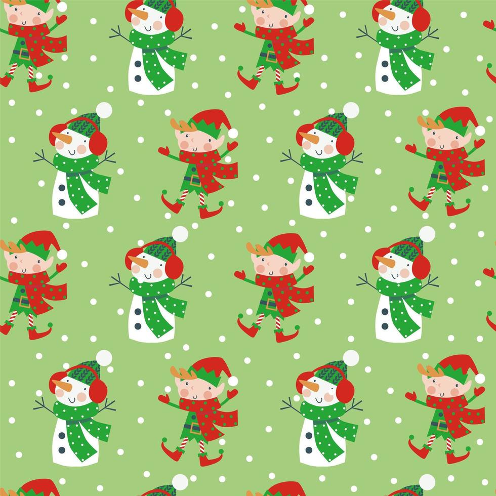 Natale personaggi dei cartoni animati seamless pattern con elfo e pupazzo di neve su sfondo di fiocchi di neve di inverno vettore