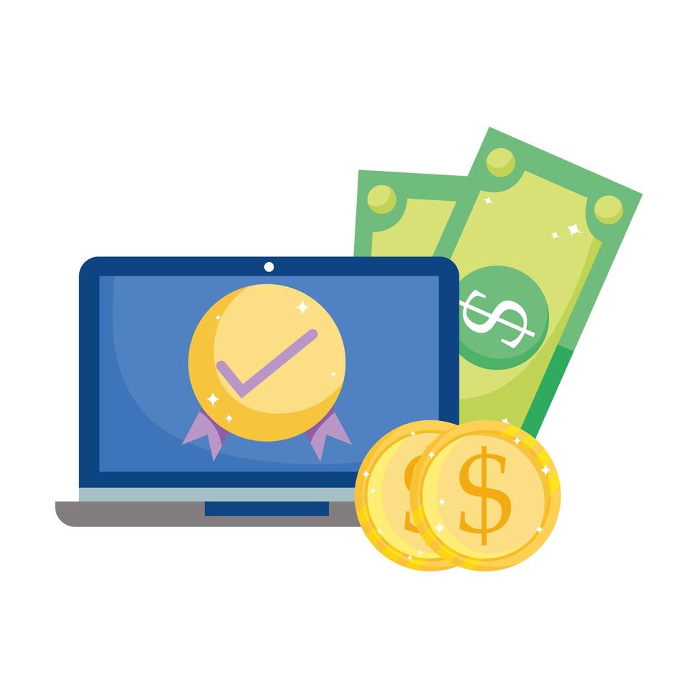pagamento online, segno di spunta computer denaro monete banconote, acquisti nel mercato e-commerce, app mobile vettore