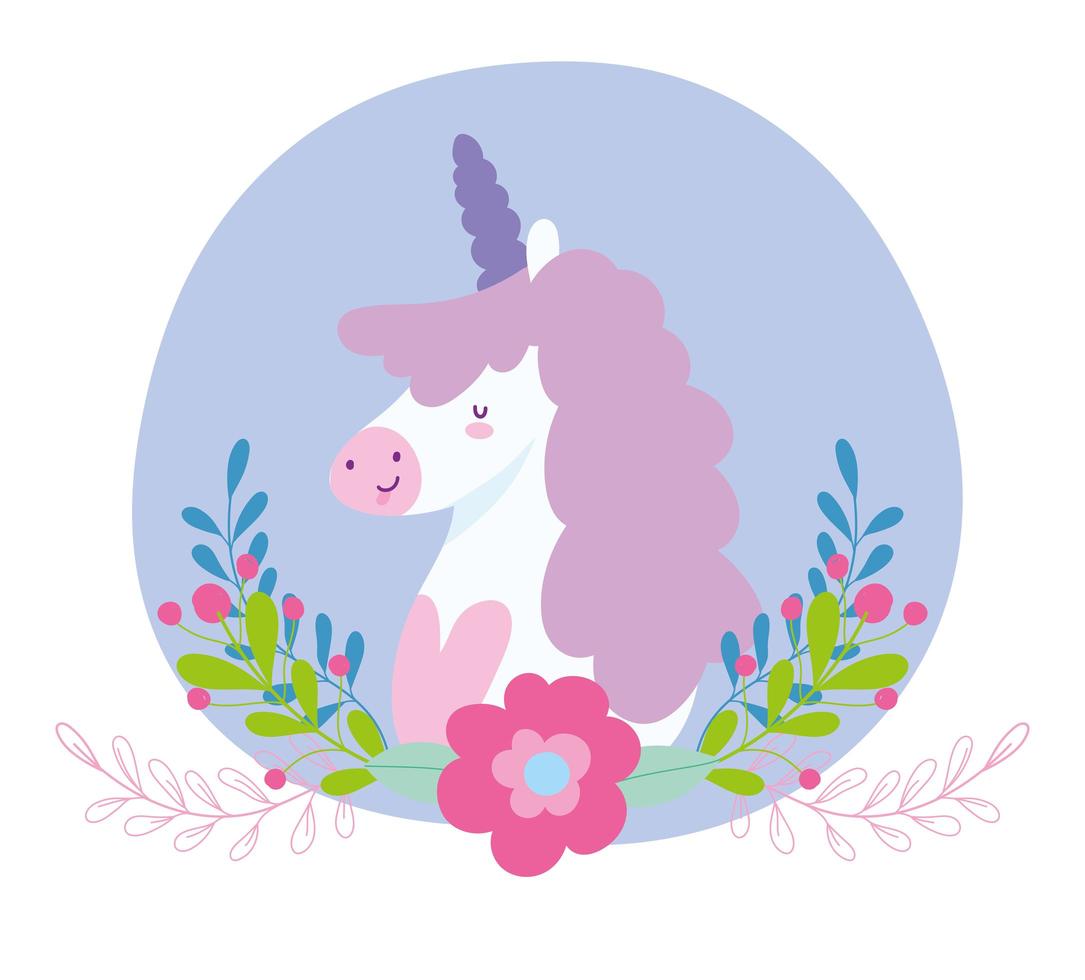 piccolo unicorno fiori rami fantasia animale magico cartone animato vettore