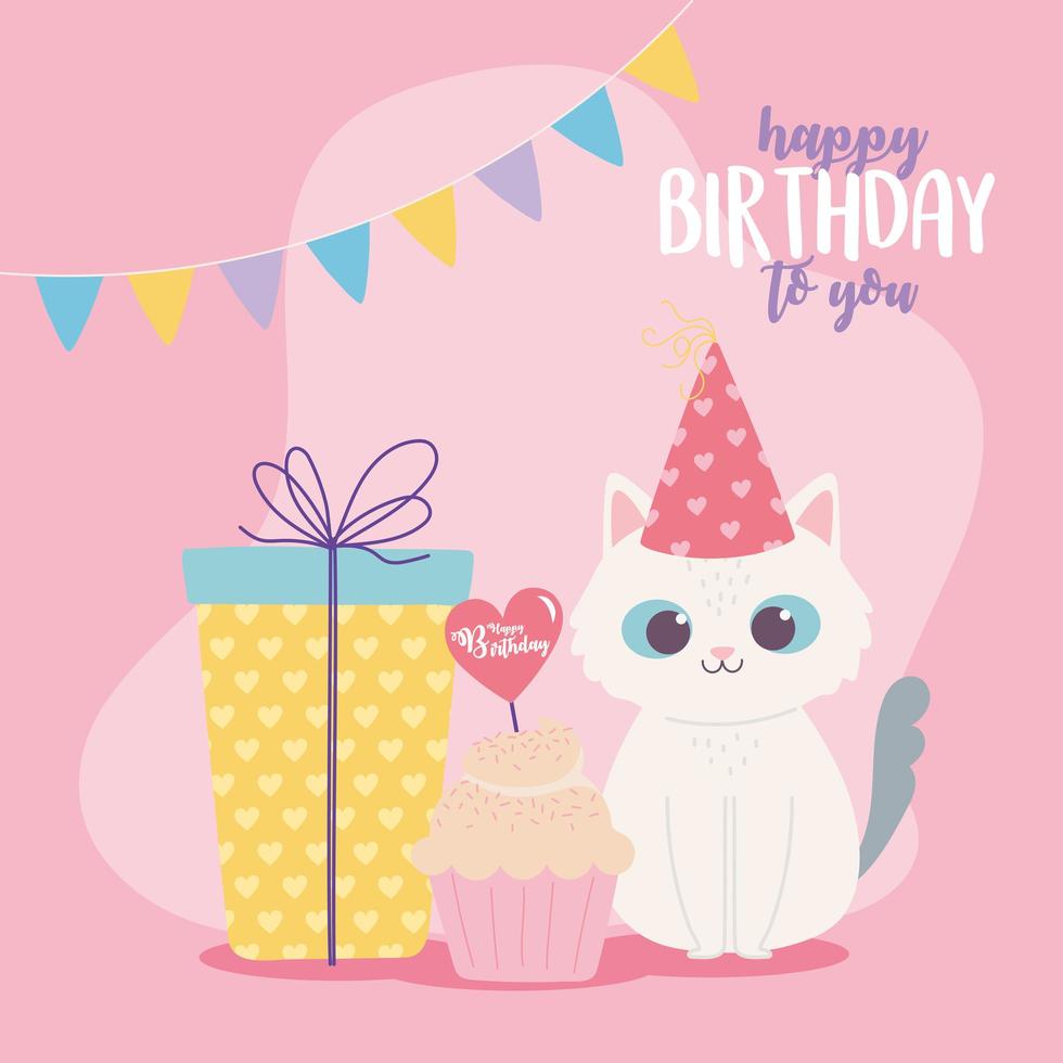 buon compleanno, confezione regalo simpatico gatto e cartone animato decorazione celebrazione cupcake vettore