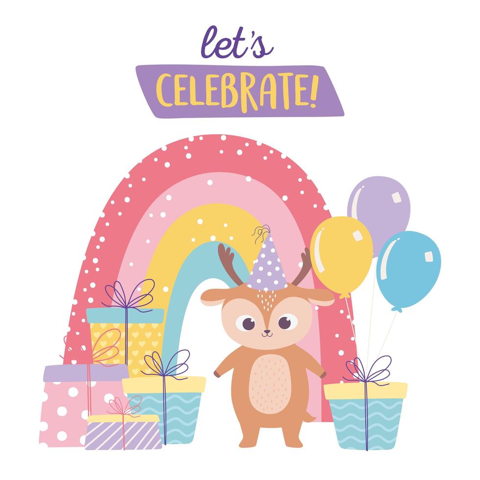 buon compleanno, simpatico cervo con tanti palloncini doni e cartone animato decorazione celebrazione arcobaleno vettore