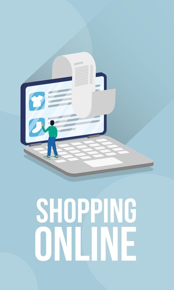 shopping e-commerce online con uomo in laptop e ricevuta vettore