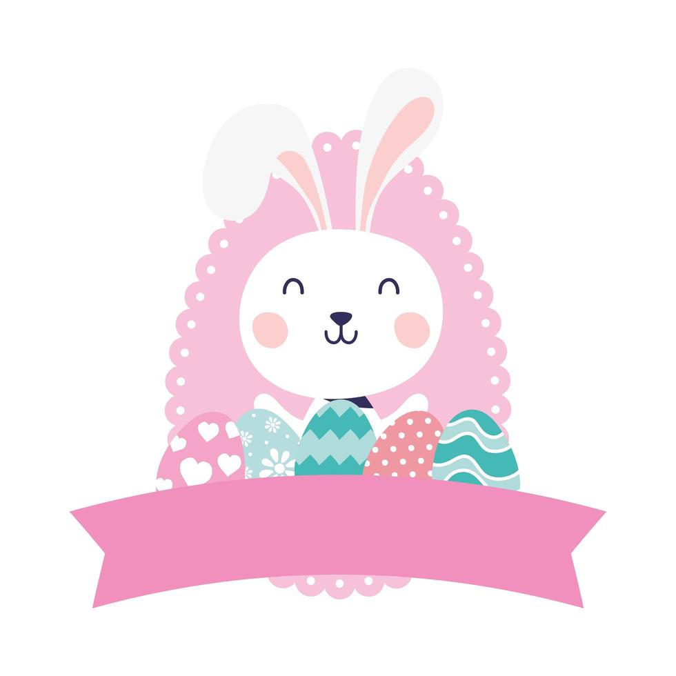 simpatico coniglio con uova dipinte carattere felice pasqua vettore