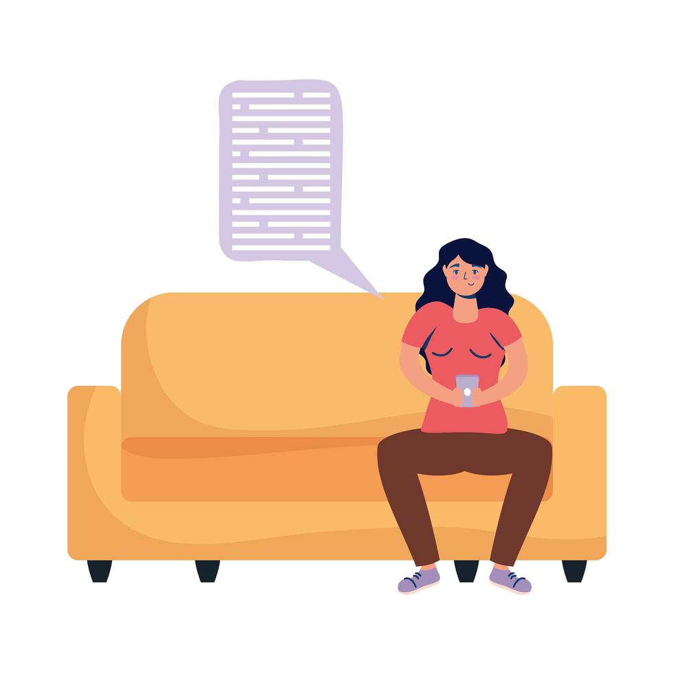 donna con smartphone sul divano e disegno vettoriale bolla