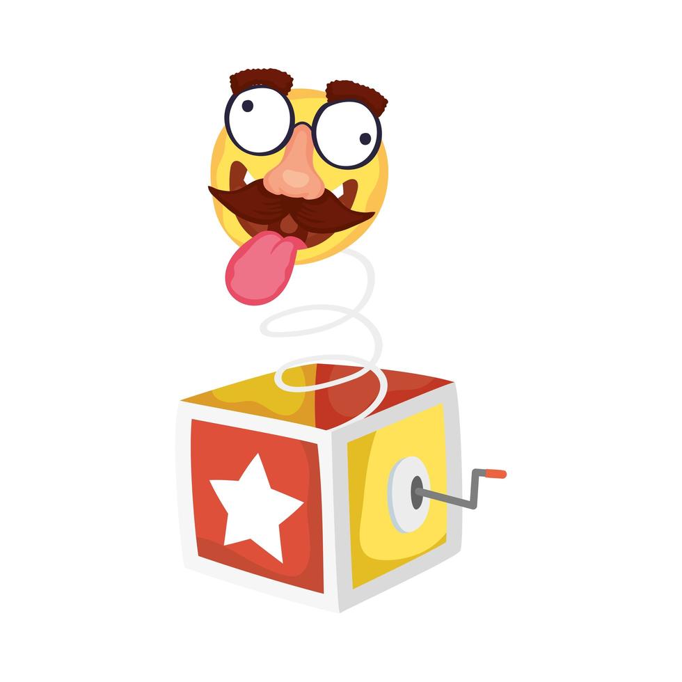faccina emoji pazza con baffi in scatola a sorpresa fools day vettore